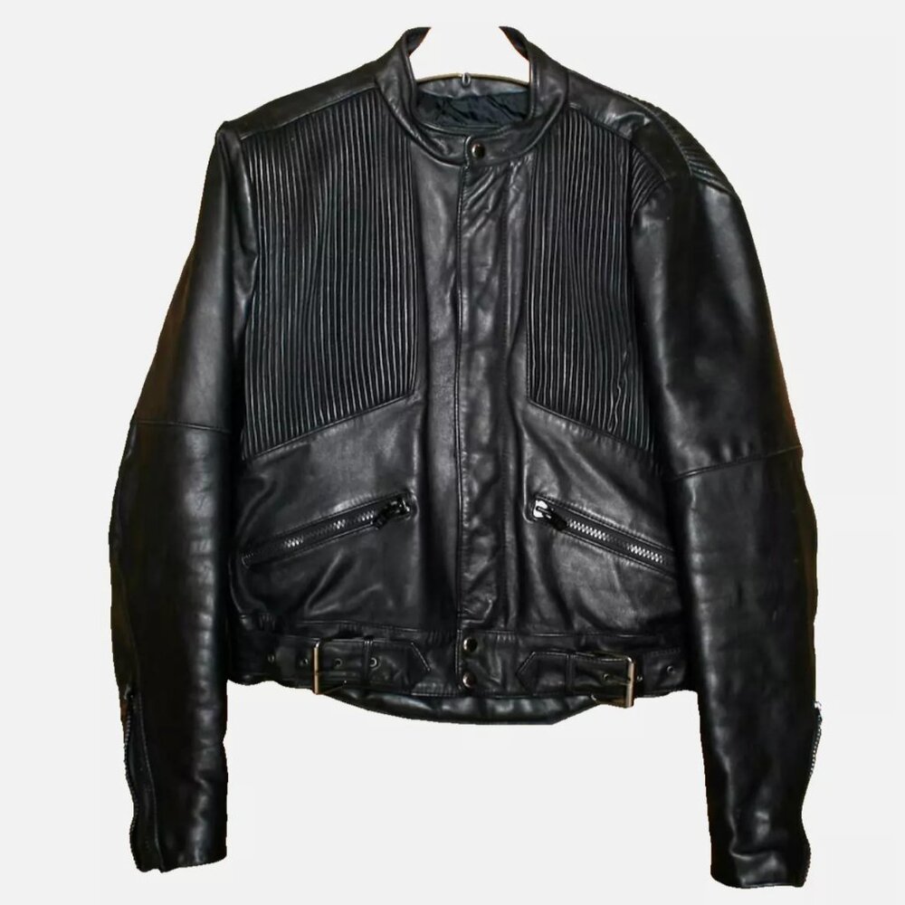 Vintage Protech Leather Motorcycle Biker Jacket Black Ribbed Accordion 42 M/L